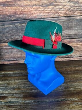 Ferrecci Forest Green Fedora with Red Band and Feather Accent